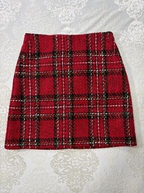 Loft Red Plaid Tweed Classic Mini Skirt New With Tags Size 2